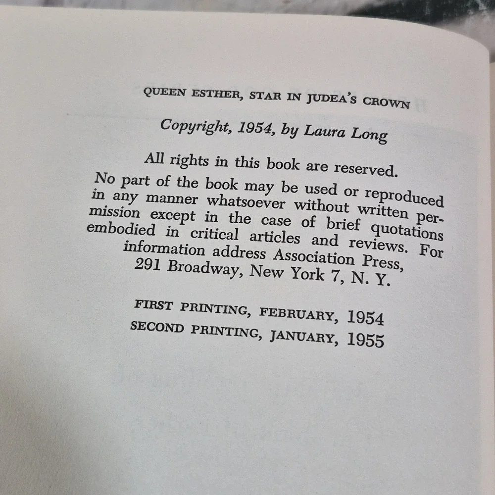 Queen Esther: Star in Judea's Crown by Laura Long (1955).   Hdbk w/Jacket